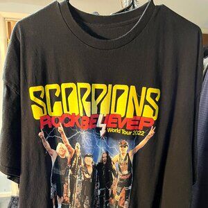 Scorpions Rock Believer 2022 100% Cotton Black Graphic Print Tee T-Shirt SZ 2XL